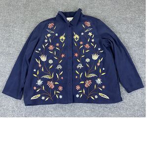 Susan Graver Style Embroidered Button Down Blouse Plus Size 1X Navy Blue Floral‎